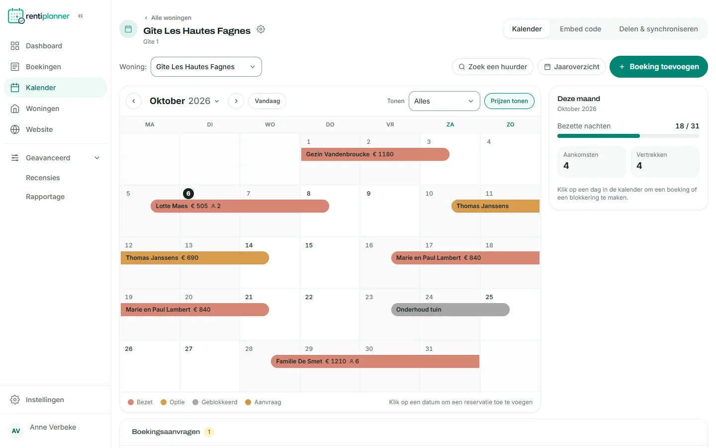 Kalender in het dashboard met boekingen als balken